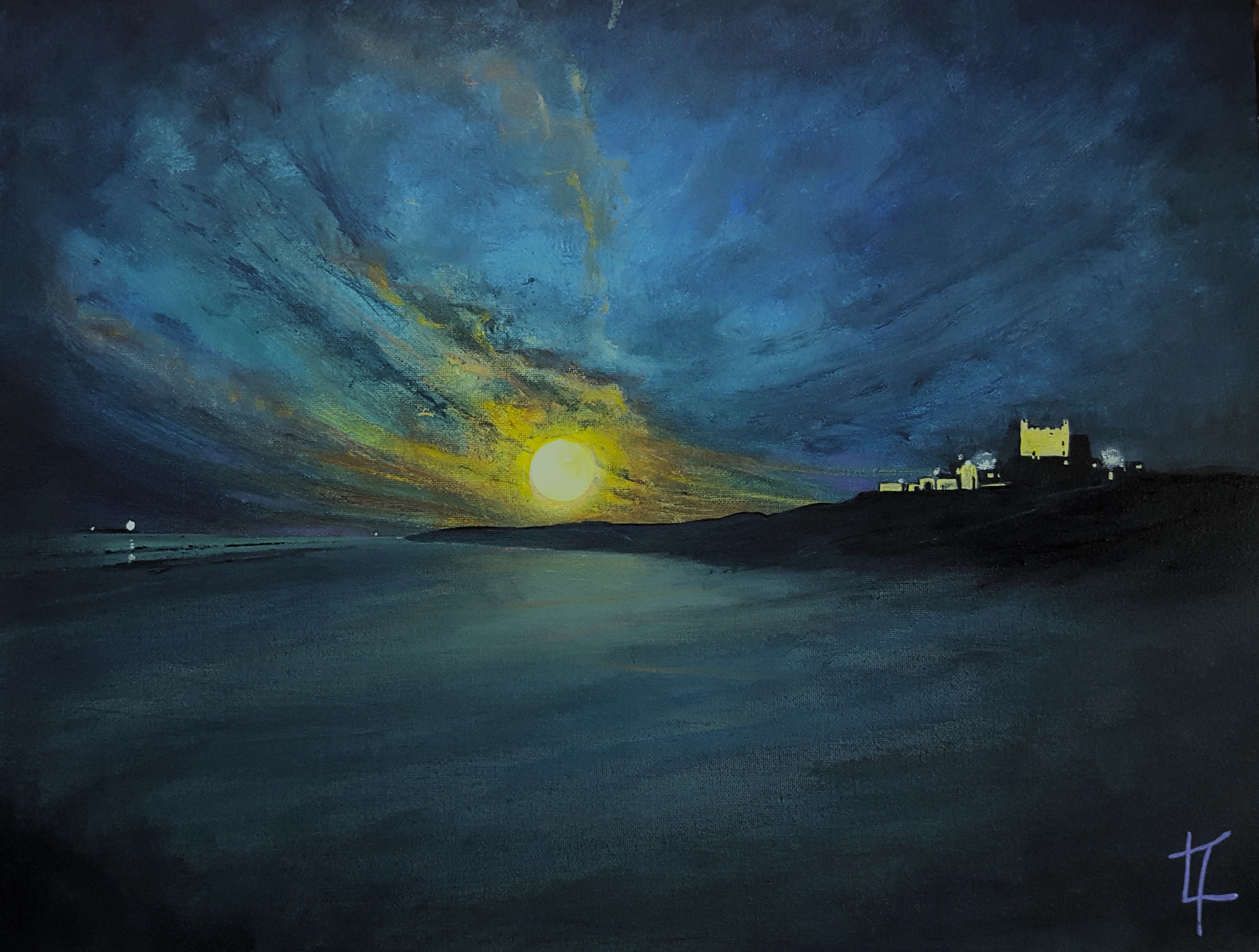 Super Blue Moon From Bamburgh Beach   - Original Painting