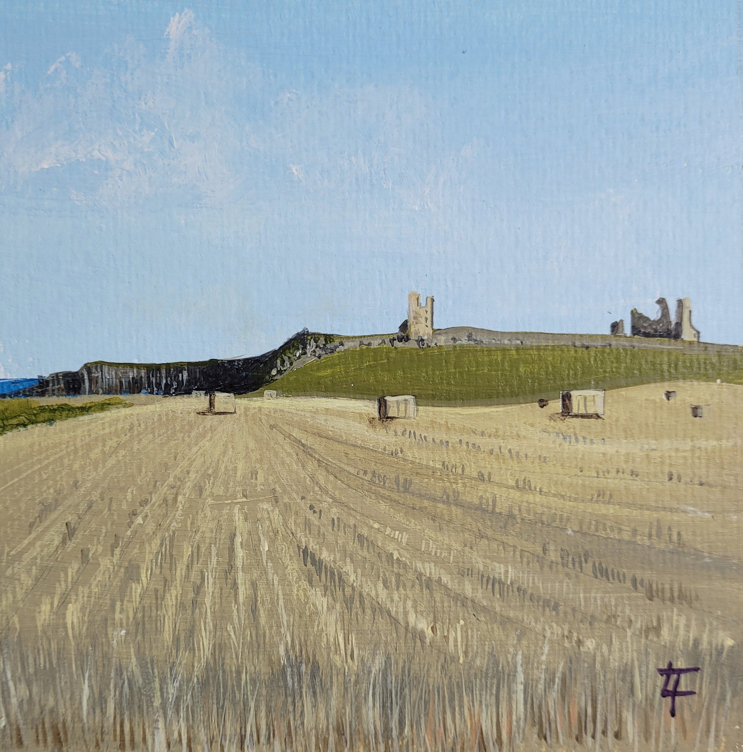 Dunstanburgh Castle  With Straw Bales  - Original Painting