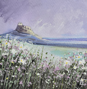 Early Morning , Lindisfarne Castle With Summer Flowers-  Original Painting
