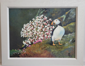 Puffin  With Sea Campion and Pinks